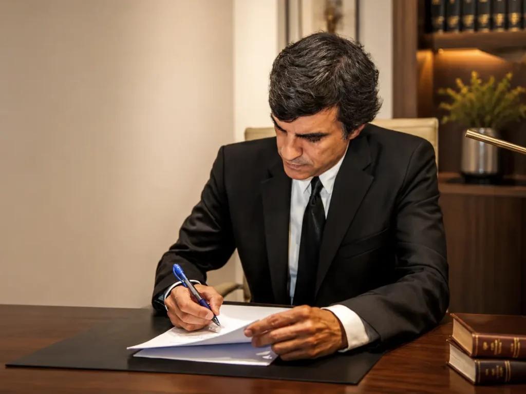 Luis Garrido Gómez, procurador en Sevilla, trabajando en su despacho